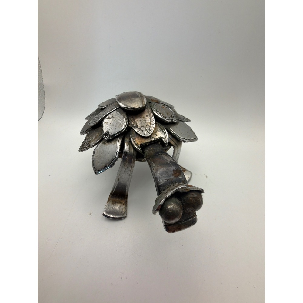 Vintage Handmade Silverplate Flatware Turtle Sculpture Upcycled Folk Art Metal